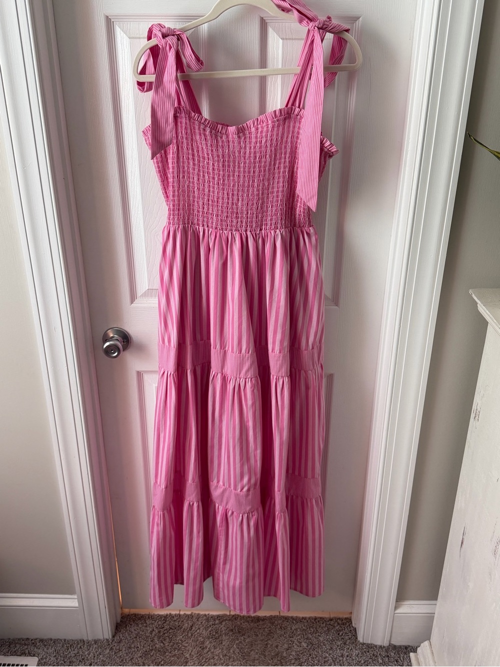 Peach Love California Pink Striped Tie-Shoulder Midi Sundress